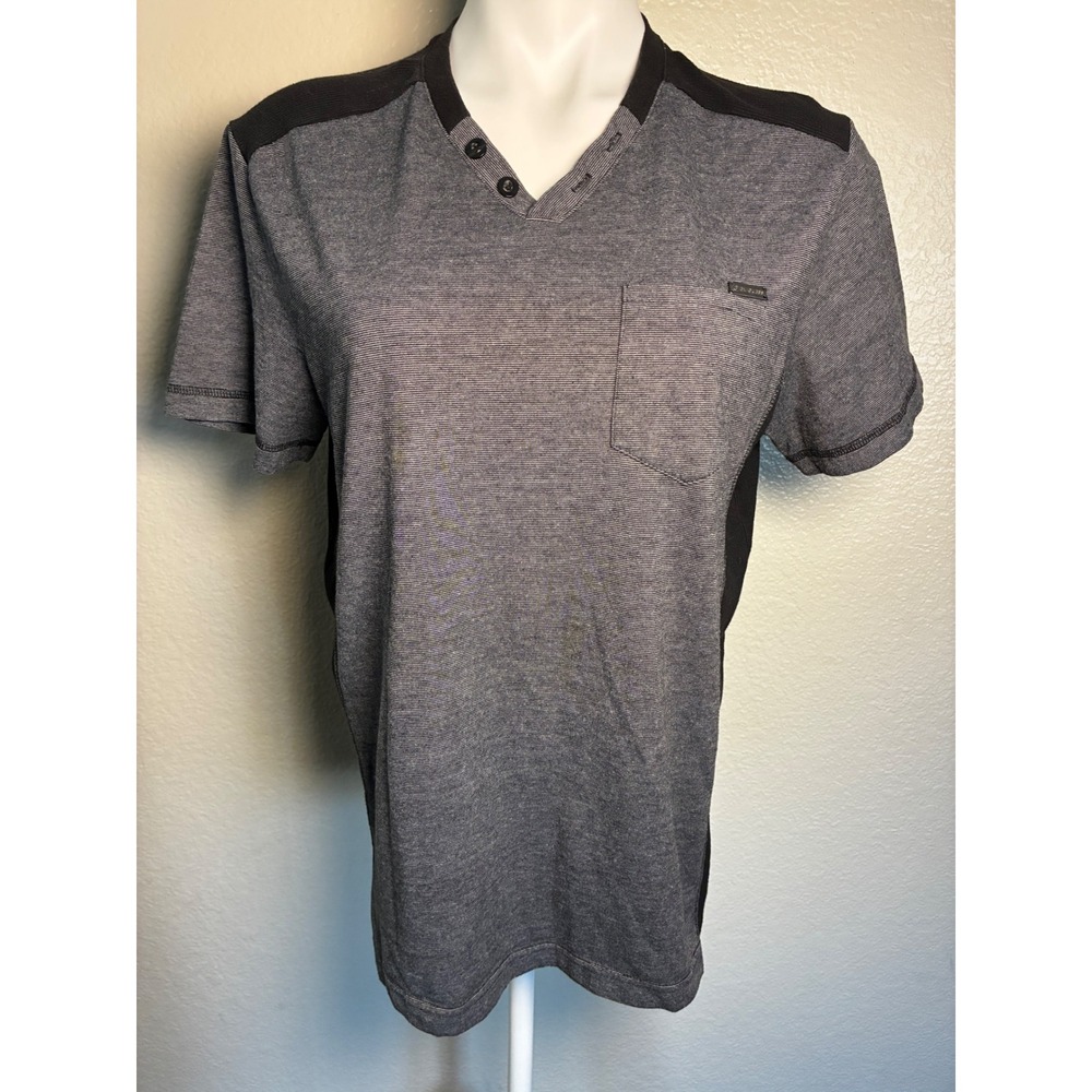 G by Guess Mens Grey Micro Stripe Henley Short Sleeve Pocket T-Shirt Large